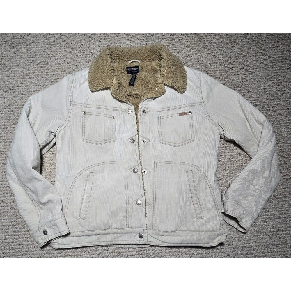 American Eagle AE Corduroy Jacket Womens Large Beige Coat Snap Sherpa Lined Y2K